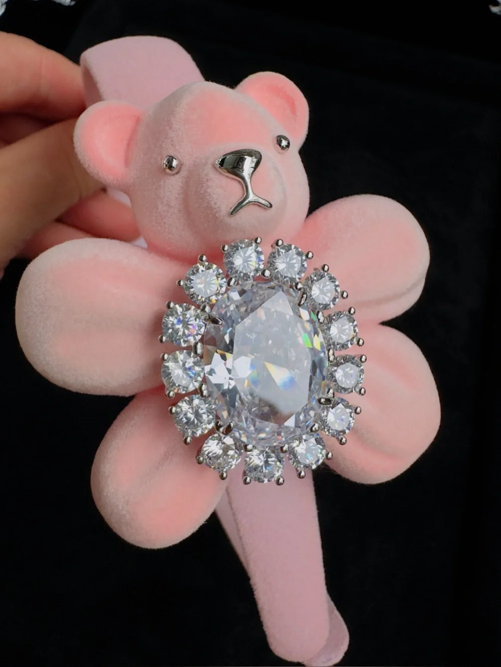 Pink Girl Headband with Bear Bow and Crystal Accent